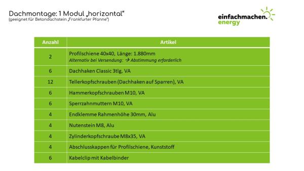 Dachbefestigung, 1 Modul, horizontale Montage